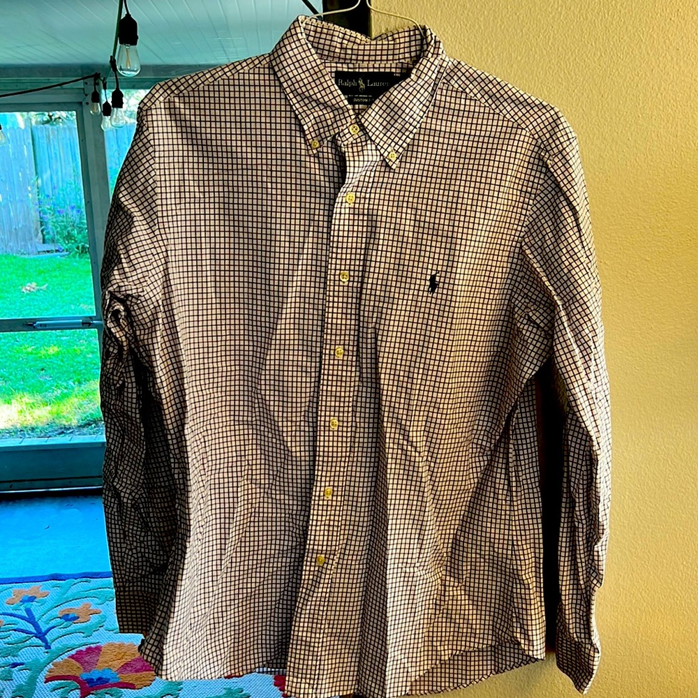 Ralph Lauren L/S blue purple white dress shirt. Custom Large. Button collars.